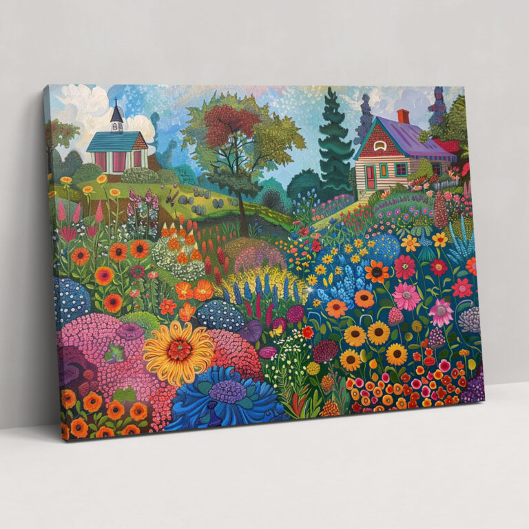 Whimsical Garden Flowers Pointillism Canvas Print - Pointillism, Canvas Wall Art, Wall Art, Canvas