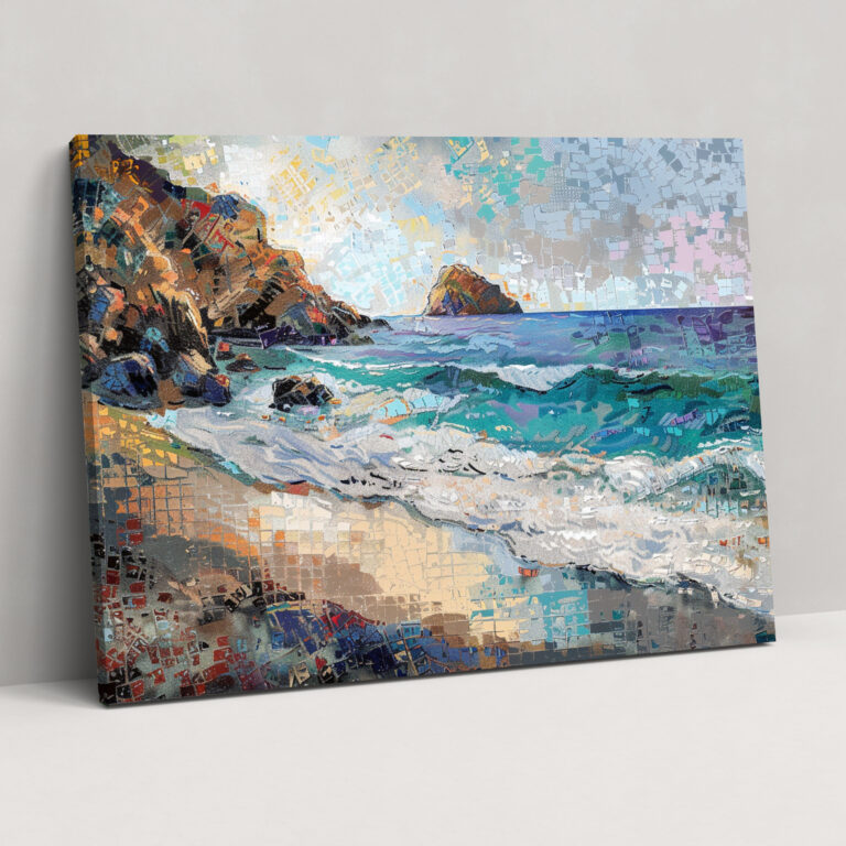 Tranquil Seascape Pointillism Canvas Print - Pointillism, Canvas Wall Art, Canvas Print, Wall Decoration