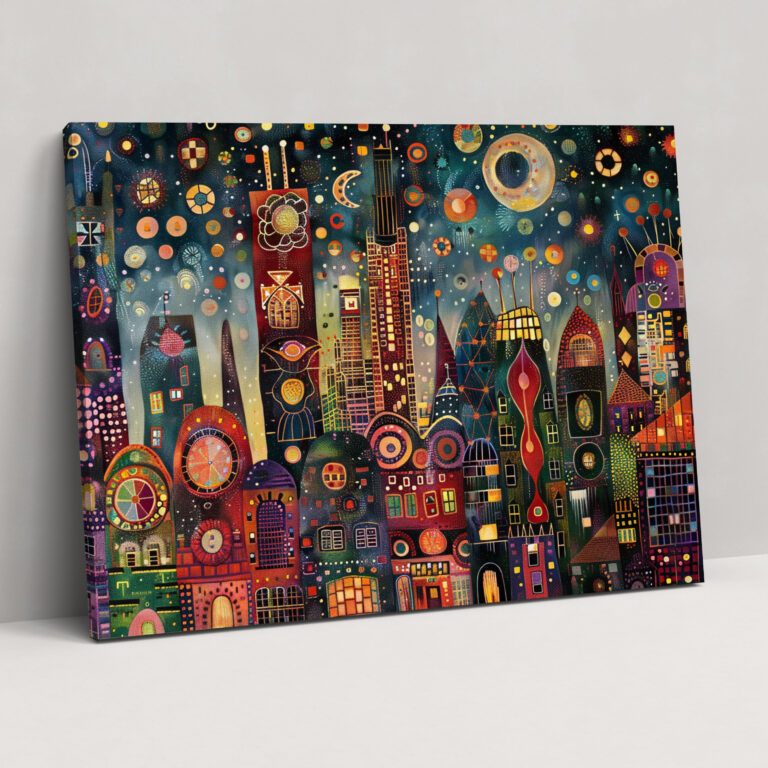 Whimsical Cityscape Pointillism Wall Decoration - Pointillism, Canvas Print, Home Decoration, Wall Decoration