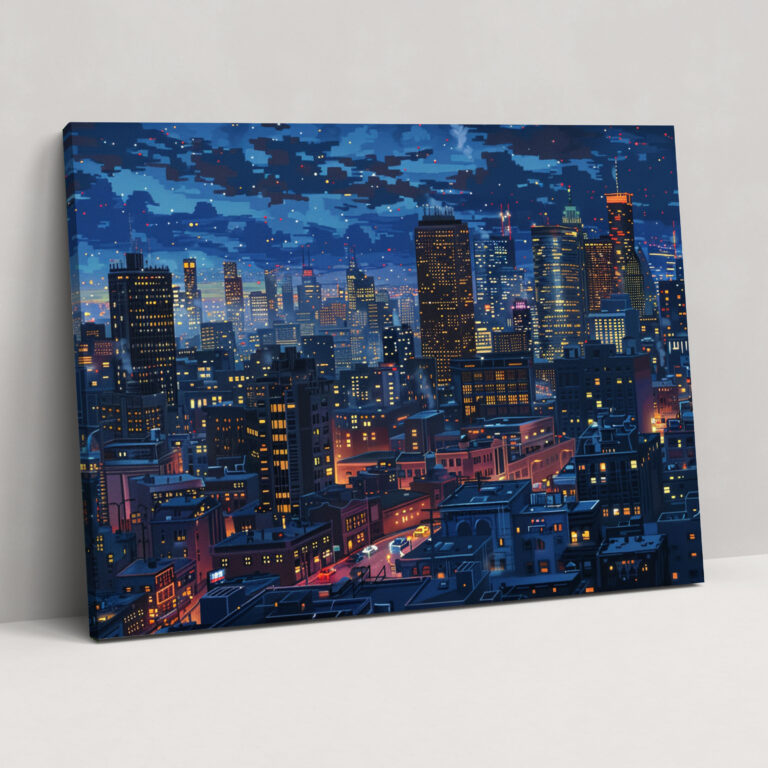 City Lights Pointillism Canvas Print - Pointillism, Wall Decoration, Canvas Print, Night Scene