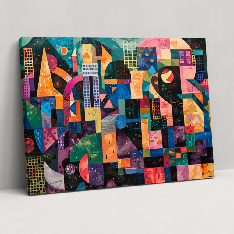Geometric Cityscape Pointillism Wall Art - Pointillism, Wall Decoration, Home Decoration, Canvas