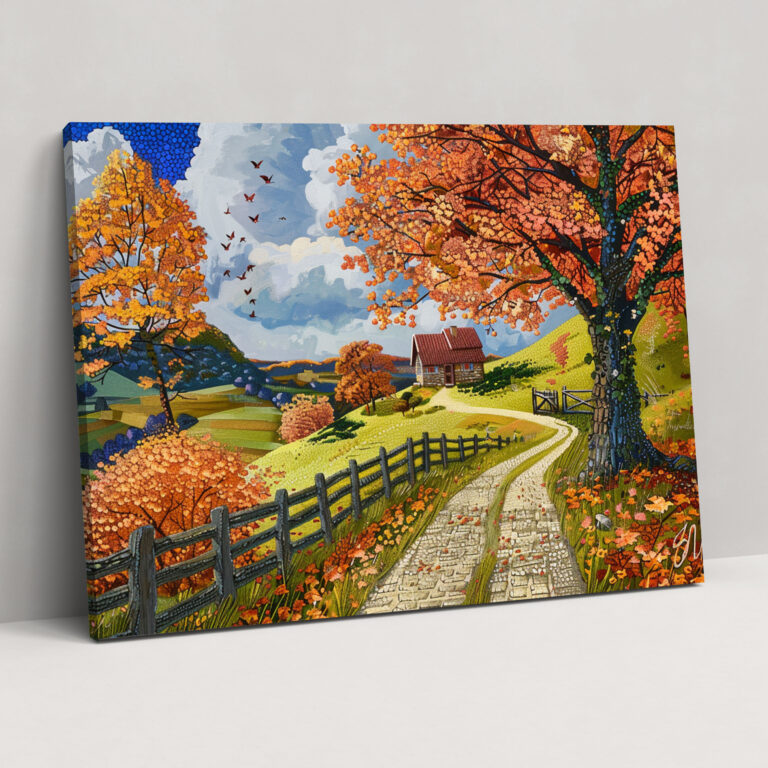 Countryside Landscape Pointillism Canvas Print - Pointillism, Canvas Wall Art, Wall Art, Wall Decoration