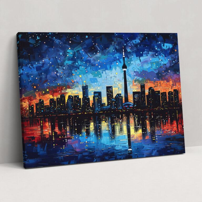 City Skyline Pointillism Canvas Print - Pointillism, City Skyline, Night, Wall Decoration