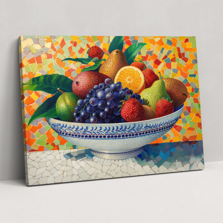 Fruit Bowl Still Life Pointillism Canvas Print - Pointillism, Wall Decoration, Fruit Bowl, Canvas Print