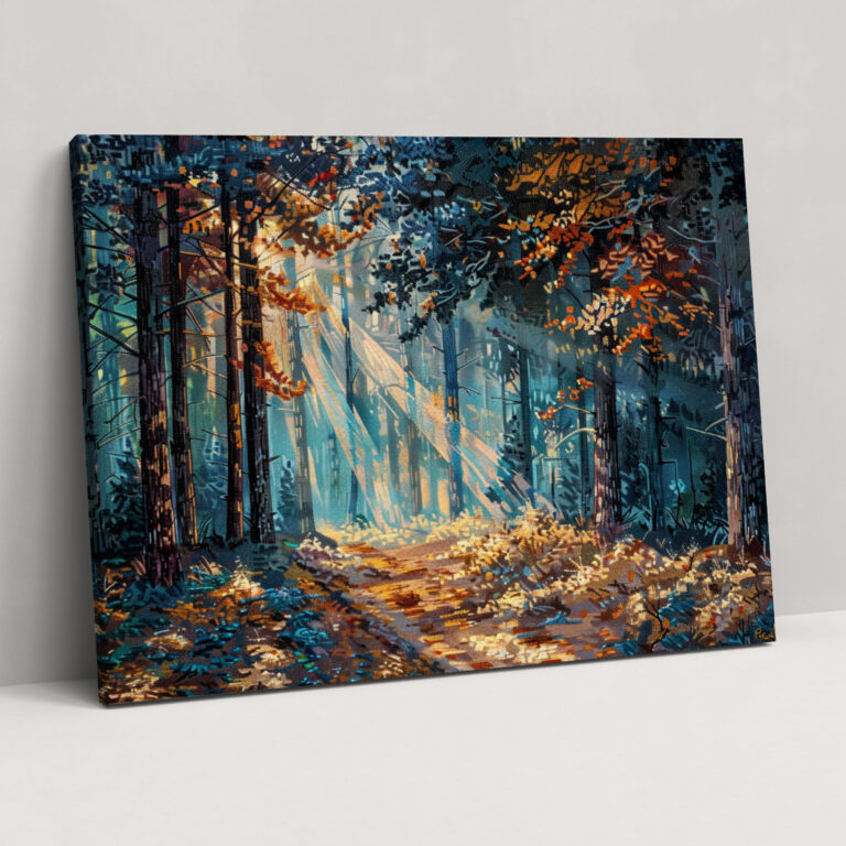 Sunlit Forest Pointillism Wall Art - Pointillism, Pointillism, Forest Landscape, Sun Rays