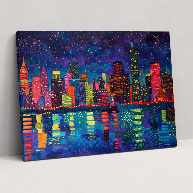 Cityscape Night Pointillism Canvas Print - Pointillism, Home Decoration, Canvas Print, Canvas