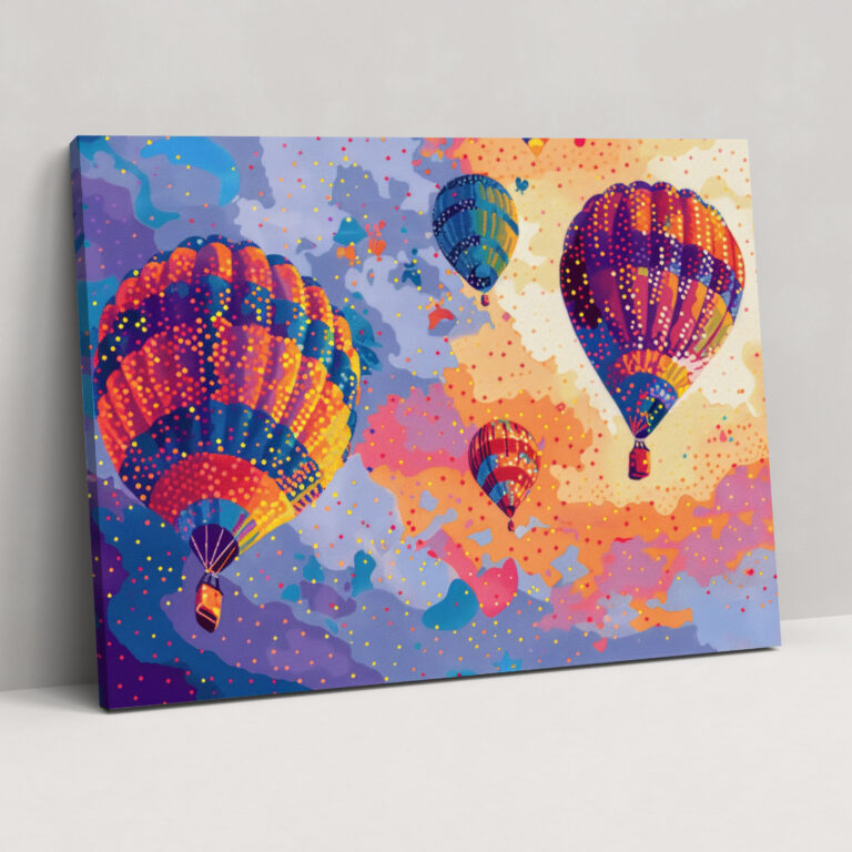 Hot Air Balloons Pointillism Canvas Print - Pointillism, Canvas, Canvas Wall Art, Wall Decoration