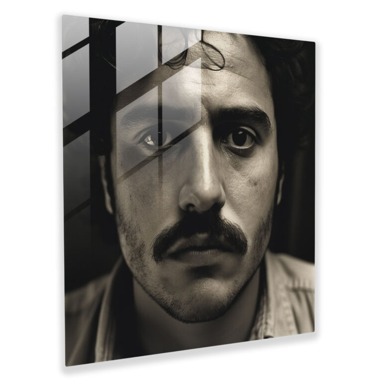 Pablo Escobar Glass Print - Intense Black And White Close-Up - Pablo Escobar, Close-Up Portrait, Glass Wall Art, Wall Decoration