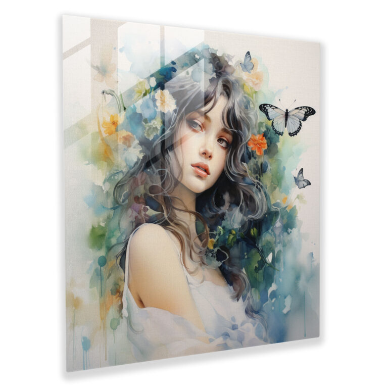 Glass Print - Dreamy Watercolor Portrait - Portrait, Butterflies, Glass Art, Portrait