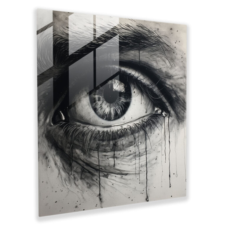 Eyes Of Reflection Glass Print - Portrait, Glass Wall Art, Expressive Eyes, Charcoal Drawing