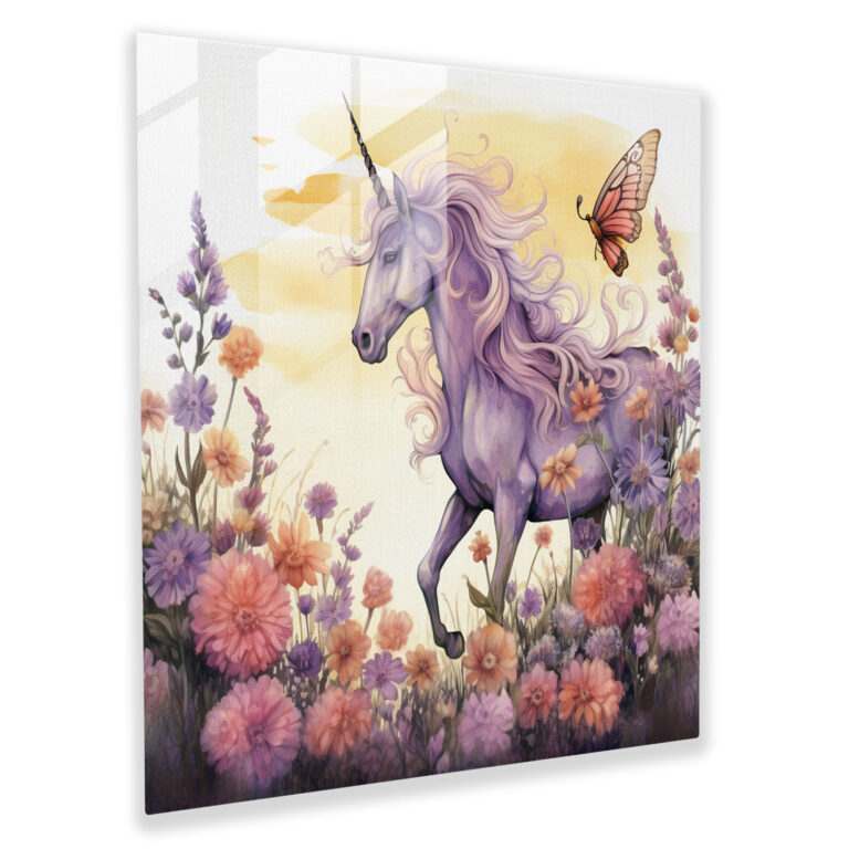 Purple Unicorn Fantasy Glass Print - Purple, Whimsical Illustration, Wall Decoration, Glass Wall Art