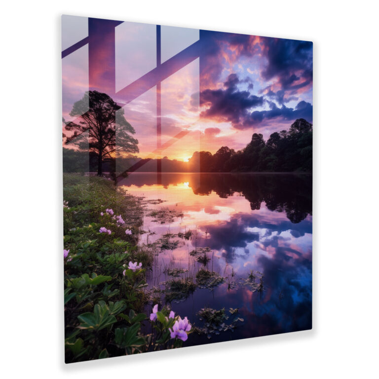 Purple Sunset Reflection Glass Print - Purple, Purple, Glass Print, Glass Wall Art