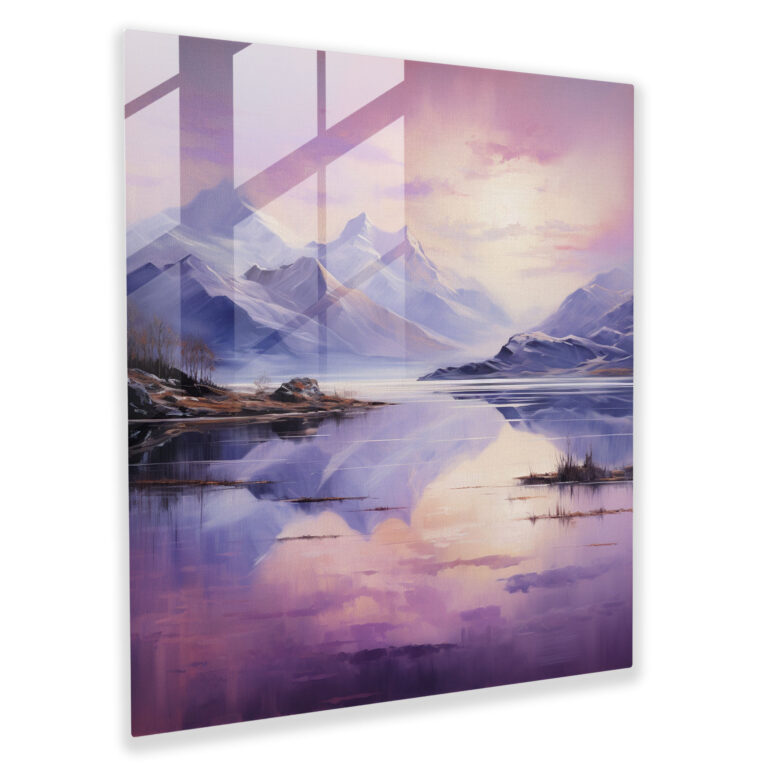 Purple Reflections Glass Print - Purple, Glass Art, Mountains, Lake