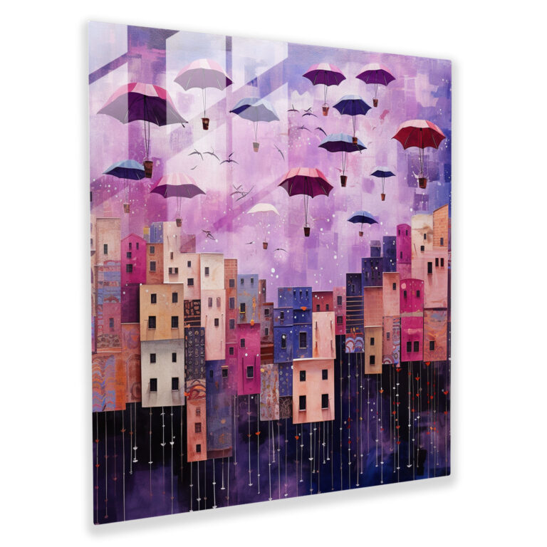 Whimsical Cityscape Glass Print - Purple, Umbrellas, Home Decoration, Glass Art