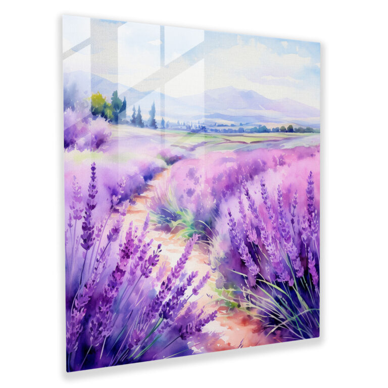 Purple Lavender Fields Glass Print - Purple, Glass Print, Watercolor Painting, Nature