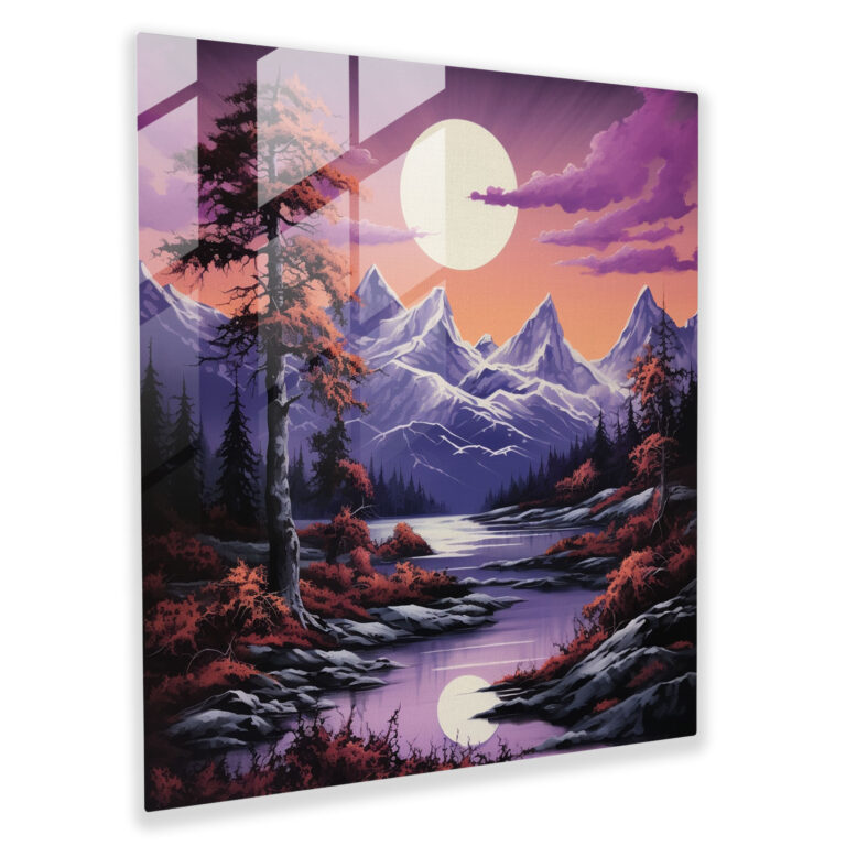 Tranquil Purple Mountains Glass Print - Purple, Wall Decoration, Glass Print, Home Decoration