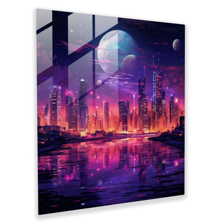 Nocturnal Purple Skyscrapers Glass Print - Purple, Purple, Wall Decoration, Glass Wall Art