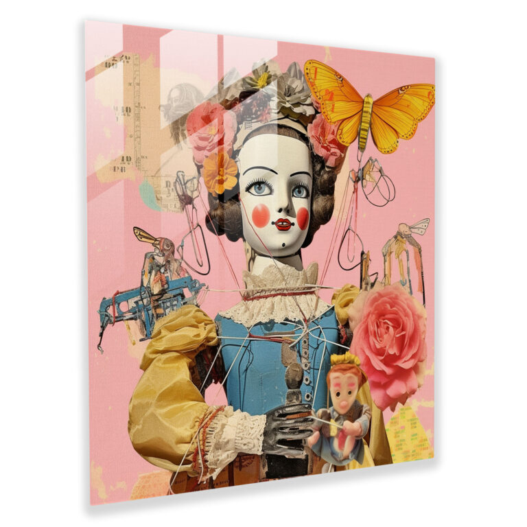 Vintage Puppet Collage Glass Print - Puppet, Vintage, Modern Art, Home Decoration