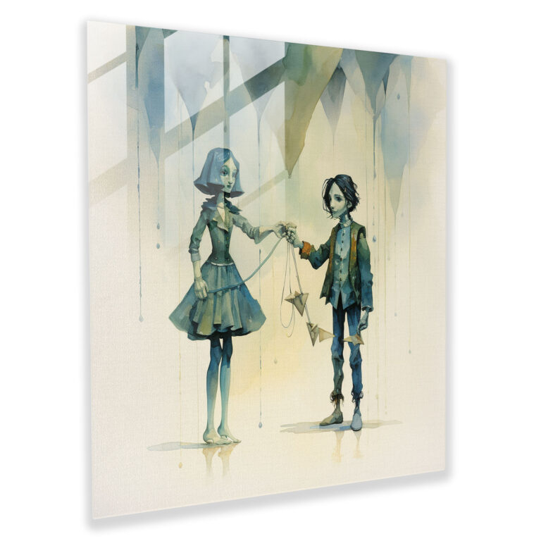 Puppeteer's Enchantment Glass Print - Puppet, Marionette, Glass Art, Modern Art