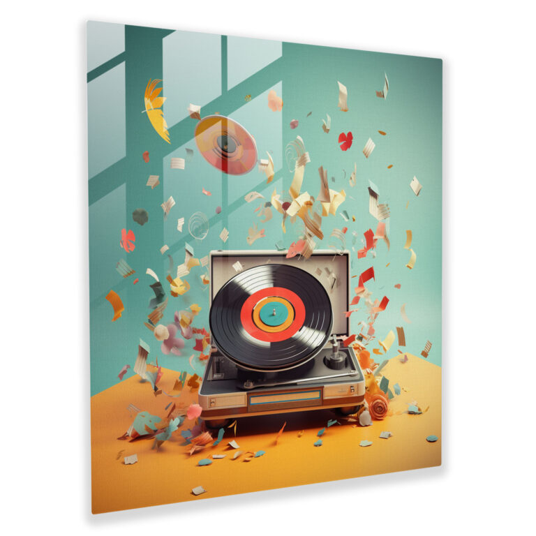 Colorful Record Player Glass Print - Retro, Lively Colors, Home Decoration, Music Notes