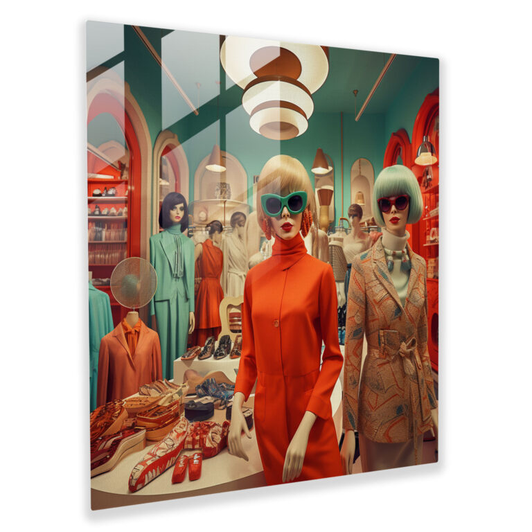 Retro Fashion Boutique Glass Print - Retro, 1960S Outfits, Glass Wall Art, Timeless Style