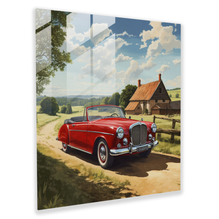 Retro Classic Car Glass Print - Retro, Vintage Convertible, Glass Art, Wall Decoration