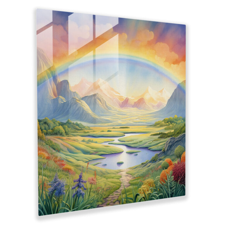 Rainbow Glass Print - Serene Landscape - Rainbow, Watercolor Landscape Painting, Glass Art, Wall Decoration