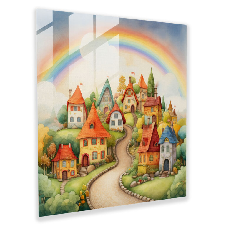 Whimsical Rainbow Watercolor Glass Print - Rainbow, Glass Wall Art, Wall Decoration, Charming Village Scene