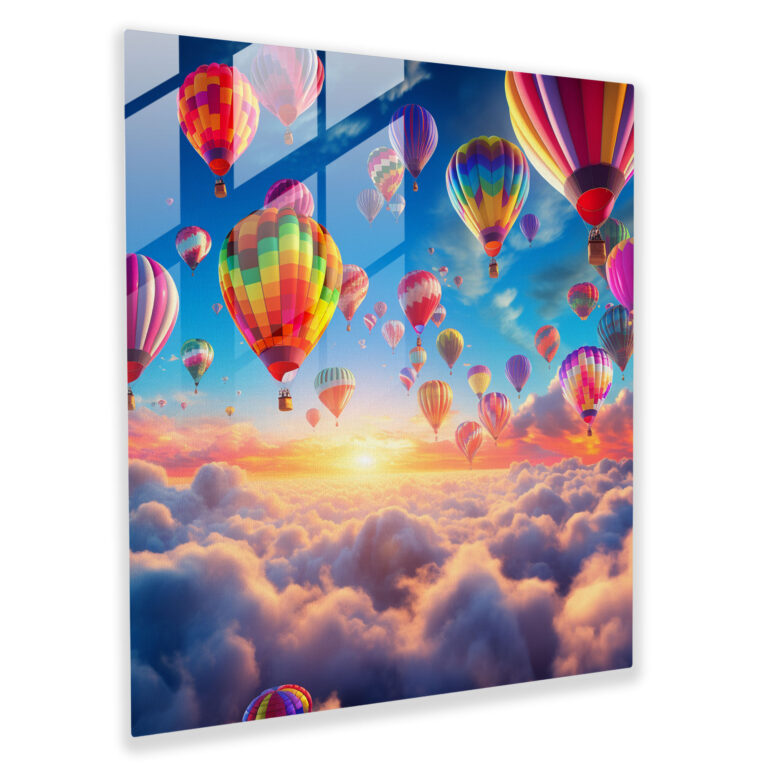 Majestic Rainbow Hot Air Balloons Glass Print - Rainbow, Adventure, Glass Wall Art, Majestic Rainbow Backdrop
