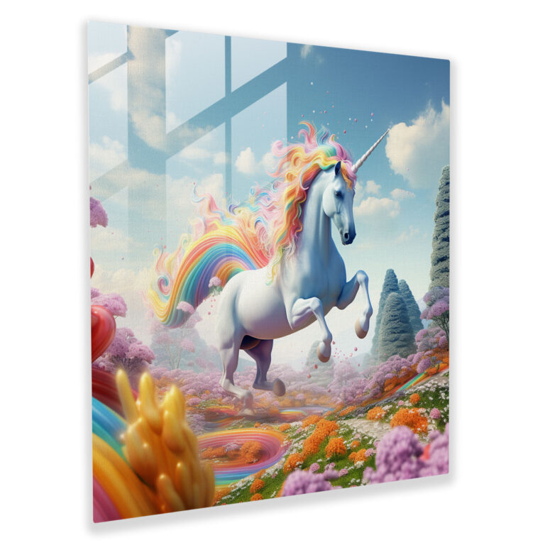 Whimsical Unicorn Rainbow Glass Print - Rainbow, Fantasy, Digital Art Illustration, Glass Print