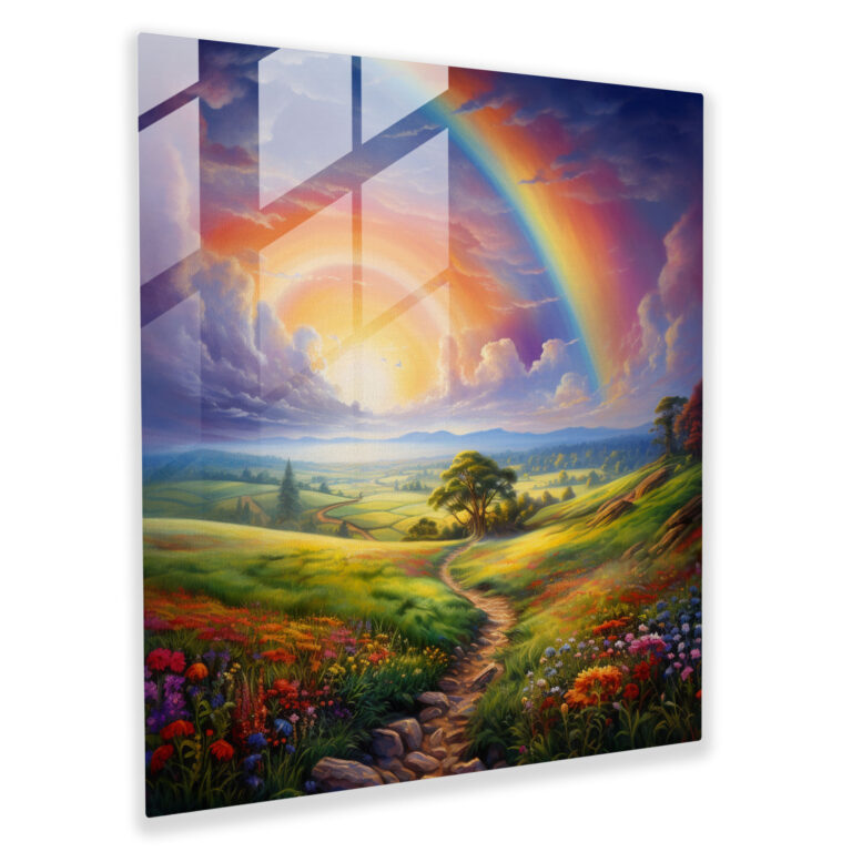 Rainbow Landscape Glass Print - Rainbow, Picturesque Field, Home Decoration, Glass Wall Art