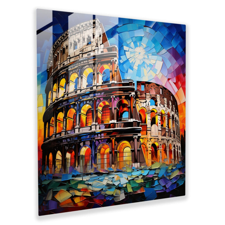 Abstract Glass Print of Roman Colosseum: Expressive Lines and Striking Colors in Modern Artwork