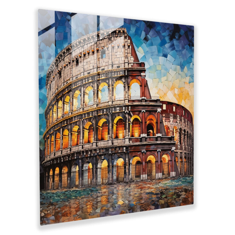 Mosaic Glass Print of Roman Colosseum: Captivating Colors and Shapes in Contemporary Glass Wall Art
