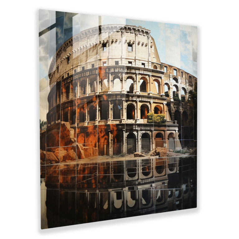 Mirrored Glass Print of Roman Colosseum: Surreal Reflections in Captivating Glass Wall Art