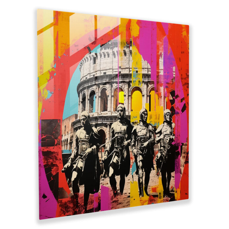 Vibrant Valor Glass Print - Roman Colosseum Pop Art Collage Glass Wall Art