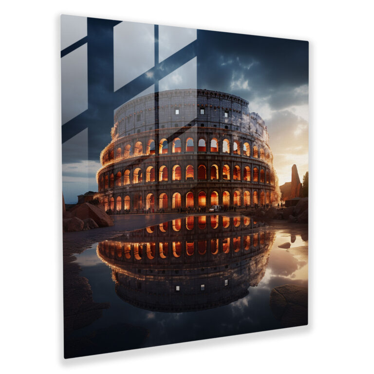 Techno Fusion Glass Print - Roman Colosseum Futuristic Digital Art Glass Wall Art