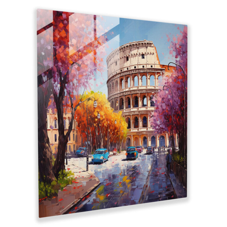 Vibrant Oil Painting Glass Print - Street View of the Colosseum in Full Bloom - Glass Wall Art Home Decoration - Wall Decoration Glass Art