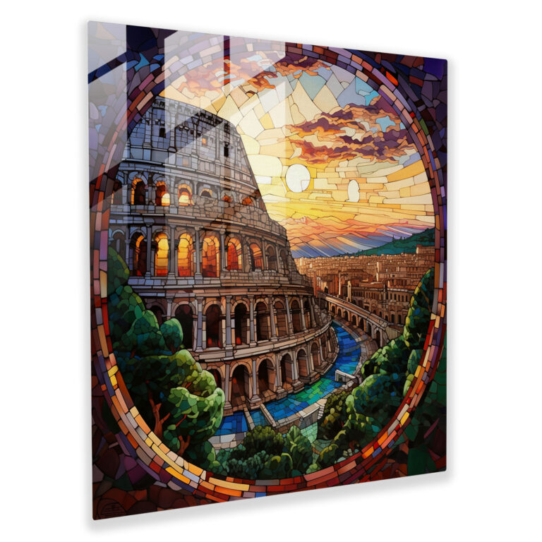 Antiquarium Glass Print Collection - Roman Colosseum Sunset Glow Glass Wall Art
