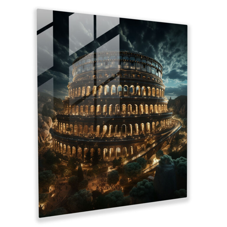Digital Dreamscape Glass Print - Roman Colosseum Nightlights Glass Wall Art