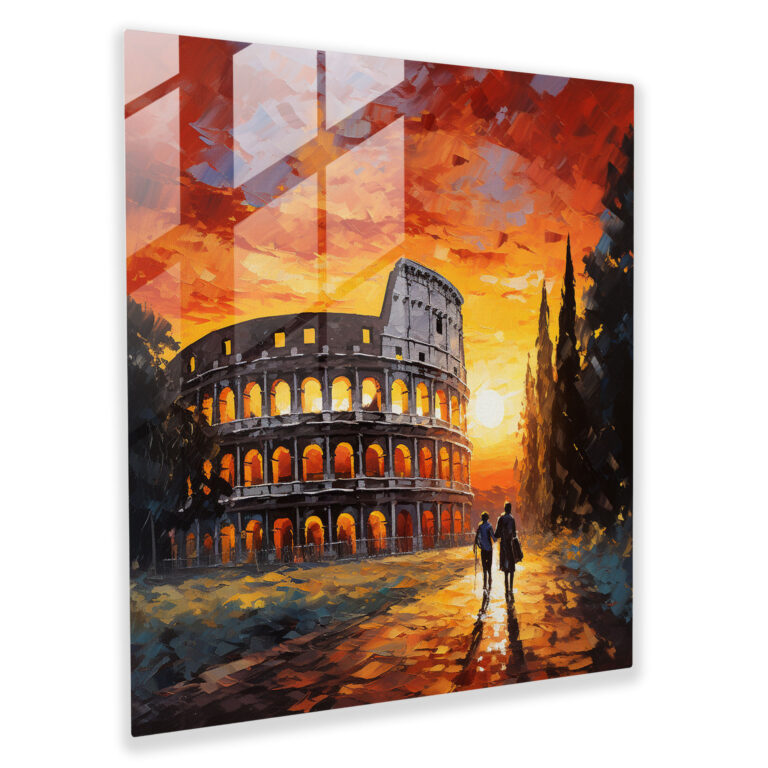 Impressionist Glass Print - Serene Sunset with Roman Colosseum's Majestic Silhouette - Wall Decor