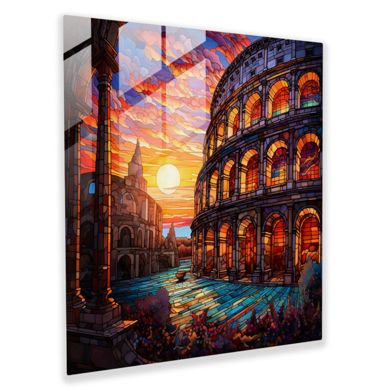 Ethereal Elegance Glass Print - Art Nouveau Stained Glass Roman Colosseum Sunset Wall Art Decoration