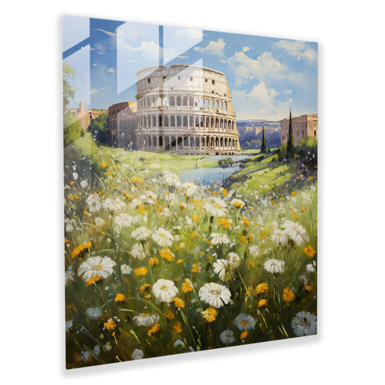 Serene Symphony Glass Print - Impressionist Oil Painting Roman Colosseum Wildflower Wall Decoration