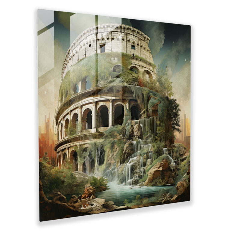 Enchanted Fusion Glass Print - Surreal Mixed-Media Roman Colosseum Nature Wall Art