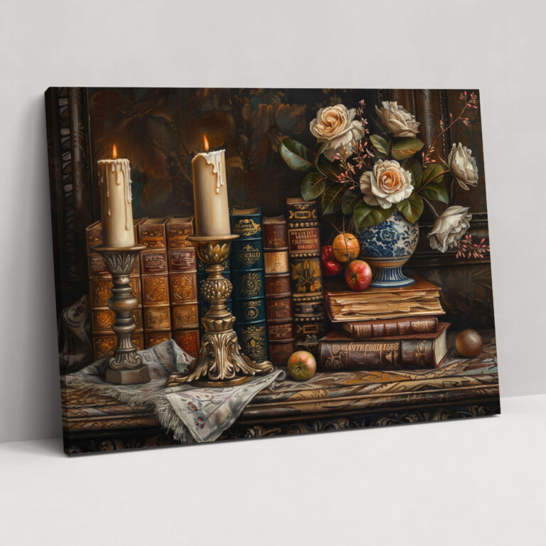 Realism Still Life Antique Books Wall Decoration - Realism, Antique Books, Reading Nook, Candle