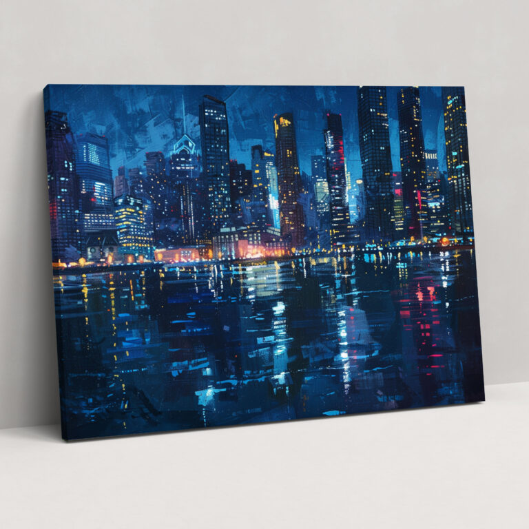 Realism Wall Decoration - Cityscape Skyscrapers Night Reflections Canvas Print - Realism, Canvas Wall Art, Wall Art, Realism