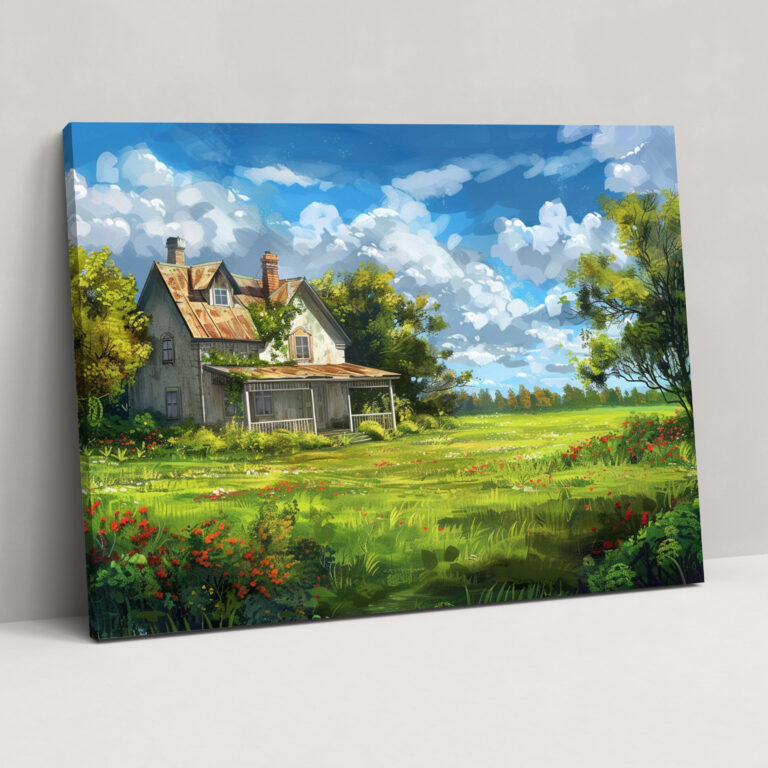 Realism Canvas Print: Old Farmhouse In A Lush Green Field - Realism, Realism, Canvas Print, Wall Art
