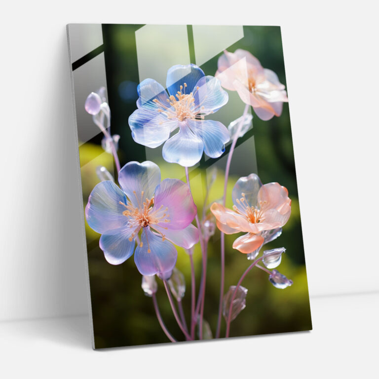 Realistic Glass Sculpture - Blooming Flowers Glass Print - Realistic Glass Sculpture, Serene Garden, Nature's Beauty, Glass Art