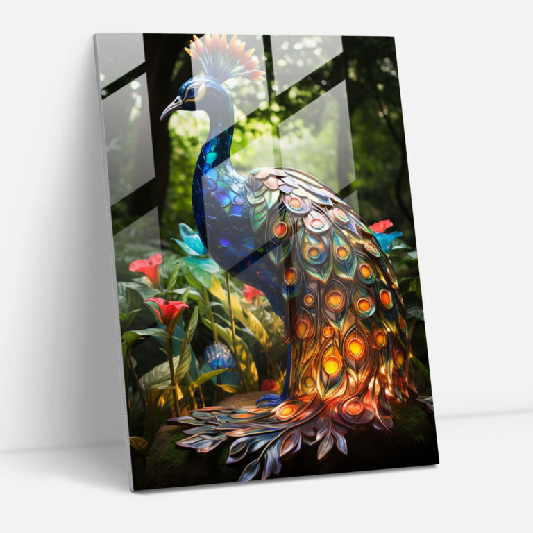 Realistic Glass Sculpture - Peacock Garden Glass Print - Realistic Glass Sculpture, Nature Theme, Wall Decoration, Lush Garden