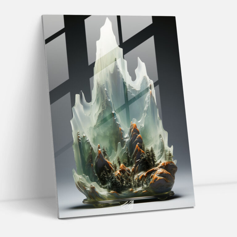 Realistic Glass Sculpture - Misty Mountain Glass Print - Realistic Glass Sculpture, Glass Print, Mountain Landscape, Misty Clouds