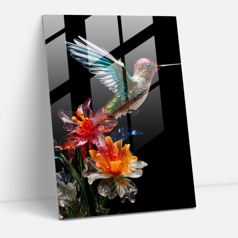 Realistic Glass Sculpture - Hummingbird Haven Glass Print - Realistic Glass Sculpture, Wall Decoration, Bird Theme, Colorful Flower